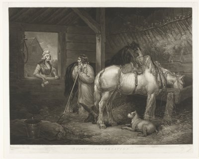 Gesprek w de stal Rozmowa w stylu rustykalnym (tytuł na obiekcie) autorstwa Samuel William Reynolds (I)