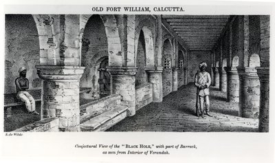 Stary Fort William, Kalkuta, z hipotetycznym widokiem „czarnej dziury” z częścią baraku, widziany z wnętrza werandy autorstwa Samuel de Wilde