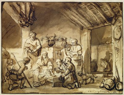 Adoracja pasterzy (pióro i tusz w kolorze czarnym, kreda na papierze) autorstwa Samuel van Hoogstraten