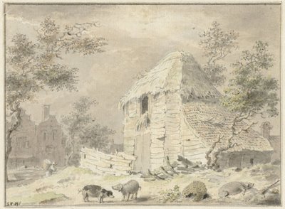 Stodoła z kilkoma świniami autorstwa Samuel van Huls (possibly)