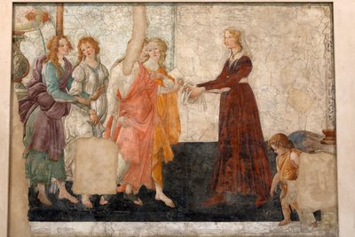 Wenus i trzy łaski ofiarowujące prezenty dla dziewczyny, ok.1483-85 (fresk) autorstwa Sandro Botticelli