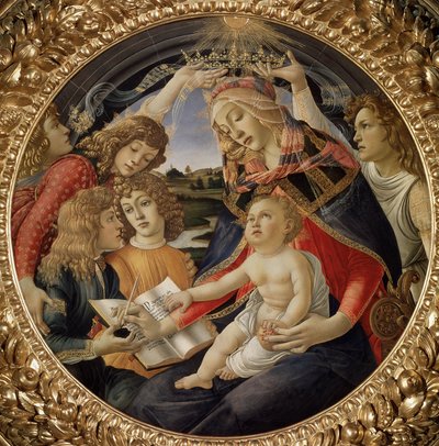 Madonna Magnificat czyli Dziewica z Dzieciątkiem i pięcioma aniołami (tempera na drewnie) autorstwa Sandro Botticelli