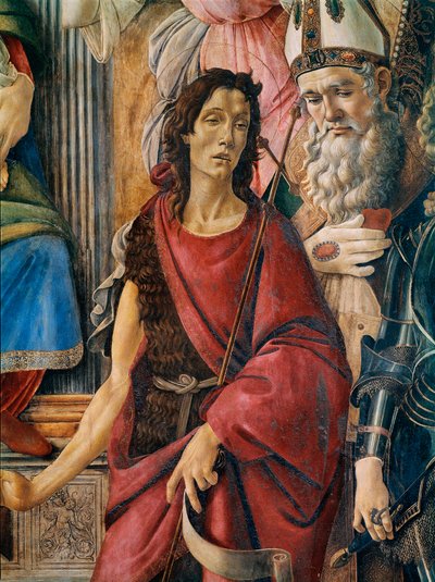 Pala di San Barnaba (Ołtarz św. Barnaby): Matka Boża ma dziecko ze św. Katarzyną Aleksandryjską, św. Augustynem, św. Barnabą i św. Janem Chrzcicielem, św. Ignacym z Antiochii i św. Michałem Archaniołem. Szczegół przedstawiający św. Jana Ba autorstwa Sandro Botticelli