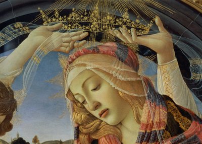 Madonna Magnificat, fragment twarzy i korony Dziewicy autorstwa Sandro Botticelli