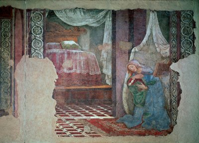 Szczegółowo Matki Boskiej Zwiastowania. Fresk Alessandro di Mariano dei Filipepi dit Sandro Botticelli (1445-1510). 1481 niedz 245x535 cm Florencja, Galeria Uffizi (Biura) autorstwa Sandro Botticelli