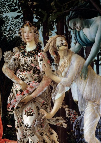 Wiosna. Szczegół: Zephyr chwyta nimfę Chloris w przezroczystym welonie, a Flora w kwiecistej sukience (Malarstwo autorstwa Sandro Botticelli