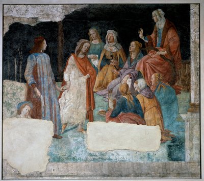 Młody człowiek doprowadził do zgromadzenia Siedmiu Sztuk Liberalnych. Fresk Villa Lemmi. Obraz Sandro Botticellego (1444-1510) autorstwa Sandro Botticelli