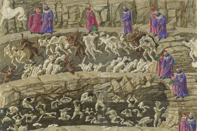 Canto XVIII, część 8. kręgu piekła, ilustracja z „Piekła” Dantego, ok. 1485 autorstwa Sandro Botticelli