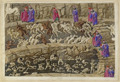 „Boska komedia”, „Piekło”, XVIII. Wergiliusz i Dante w ósmym kręgu piekła (Malebolge), 1. i 2. bolgia: kara dla swatów i uwodzicieli, pochlebców i nierządnic autorstwa Sandro Botticelli