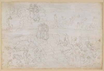„Boska komedia”, „Piekło”, XXIX. Wergiliusz i Dante w ósmym kręgu piekła (Malebolge), 10. bolgia: kara dla fałszerzy i alchemików autorstwa Sandro Botticelli