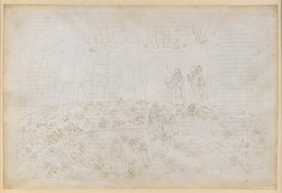 „Boska komedia”, „Piekło” XXXII. Dziewiąty krąg (Cocytus), 1. i 2. pas: Kara dla zdrajców rodziny i ojczyzny w lodzie Caina i Antenora autorstwa Sandro Botticelli