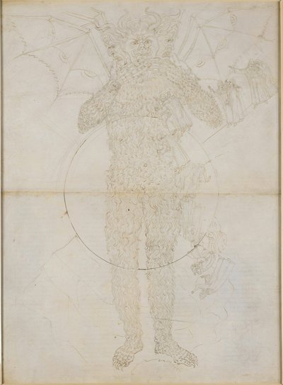 „Boska komedia”, „Piekło” XXXIV (2). Centrum piekła: Lucyfer w pełnej postaci (Wielki Szatan); Pożegnanie z piekłem autorstwa Sandro Botticelli