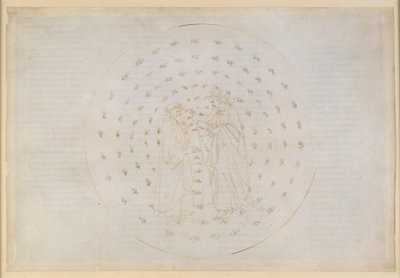 „Boska komedia”, „Raj”, VII. Druga sfera planetarna (niebo Merkurego): Beatrice wprowadza Dantego w zawiłe kwestie boskiej sprawiedliwości, a także ludzkiej winy pierworodnej i zbawienia poprzez śmierć Chrystusa autorstwa Sandro Botticelli