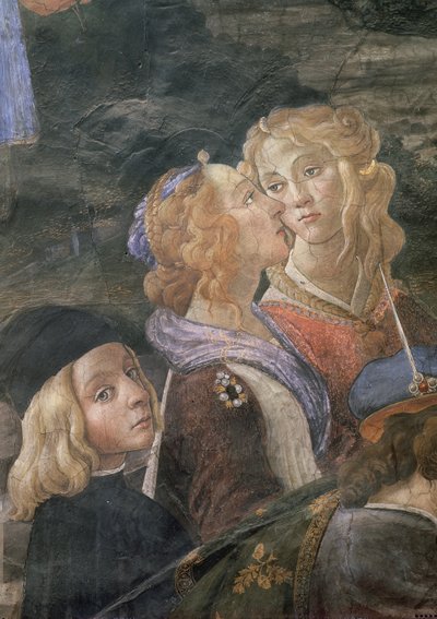 Oczyszczenie trędowatego i kuszenie Chrystusa, w Kaplicy Sykstyńskiej: szczegóły dotyczące dwóch kobiet i małego chłopca w tłumie, fresk z 1481 r. autorstwa Sandro Botticelli