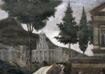 Oczyszczenie trędowatego i kuszenie Chrystusa, w Kaplicy Sykstyńskiej: detal wyimaginowanego miasta w krajobrazie, fresk z 1481 r. autorstwa Sandro Botticelli