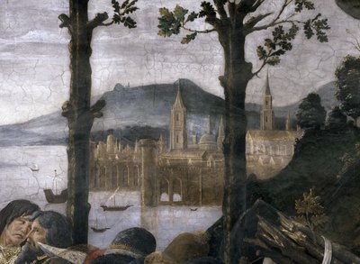 Oczyszczenie trędowatego i kuszenie Chrystusa w Kaplicy Sykstyńskiej: fragment wyimaginowanego miasta portowego w krajobrazie, fresk z 1481 roku autorstwa Sandro Botticelli