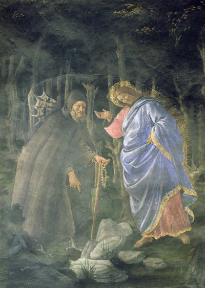 Oczyszczenie trędowatego i kuszenie Chrystusa, w Kaplicy Sykstyńskiej: szczegół przedstawiający diabła wyzywającego Jezusa, by zamienił kamienie w chleb, fresk z 1481 r. autorstwa Sandro Botticelli