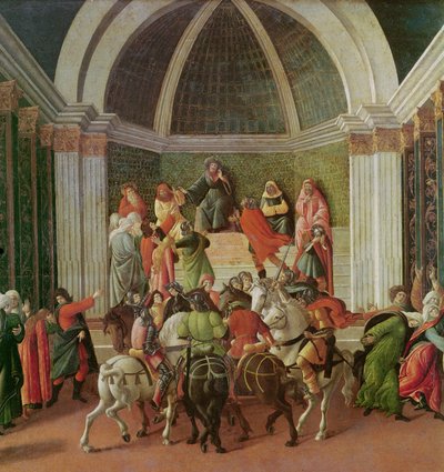 The Story of Virginia szczegóły centrum: Virginia est osądzona i skazana na niewolnictwo, 1500-04 tempera na panelu autorstwa Sandro Botticelli