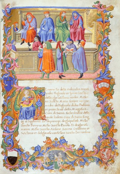 Trybunał handlowy, miniatury ze Statutów kupieckich nr 6 autorstwa Sano di Pietro. autorstwa Sano di also Ansano di Pietro di Mencio Pietro