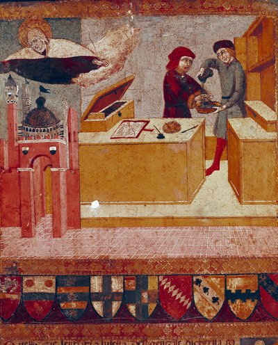 Kamerlingwista symbolicznie myje ręce, podczas gdy życzliwa i opiekuńcza Dziewica przelatuje nad miastem Siena Detail. Obraz na drewnie autorstwa Sano di Pietro (1406-1481) zdobiący Biccherna (okładka księgi rachunkowej miasta Siena) 1451. autorstwa Sano di also Ansano di Pietro di Mencio Pietro