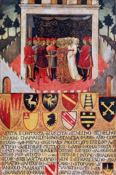 Dar pierścienia, scena ślubu między sieneńskimi rodami szlacheckimi autorstwa Sano di also Ansano di Pietro di Mencio Pietro