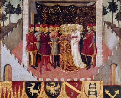 Ceremonia ślubna pary szlacheckiej miasta Sieny Obraz Sano di Pietro (1406-1481) zdobiący Biccherna (okładka księgi rachunkowej miasta Siena) 1473. Siena Archivio di Stato, Włochy autorstwa Sano di also Ansano di Pietro di Mencio Pietro