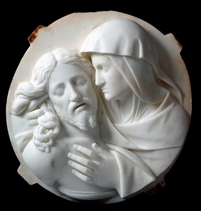 Marmurowa rzeźba Pieta autorstwa Santo Varniego (1807-1885) 1863-1870. Ciemny. 56x52x12 cm Z kolekcji księcia Odona di savoia. Geny, Galleria d