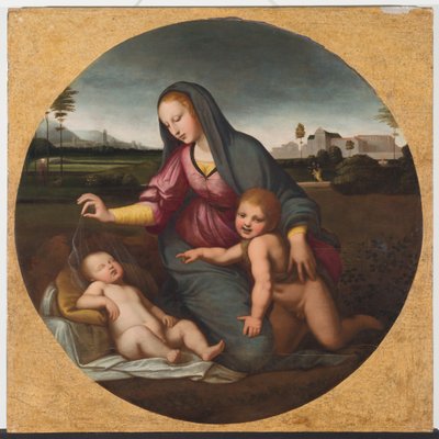 Madonna z Dzieciątkiem i młodym św. Janem, ok. 1500 r. (olej na drewnie) autorstwa Sanzio of Urbino (follower of) Raphael