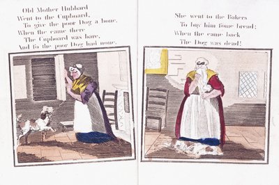 Dwie strony z książeczki z wierszykami „Komiksowe przygody starej matki Hubbard i jej psa” autorstwa Sarah Catherine (after) Martin