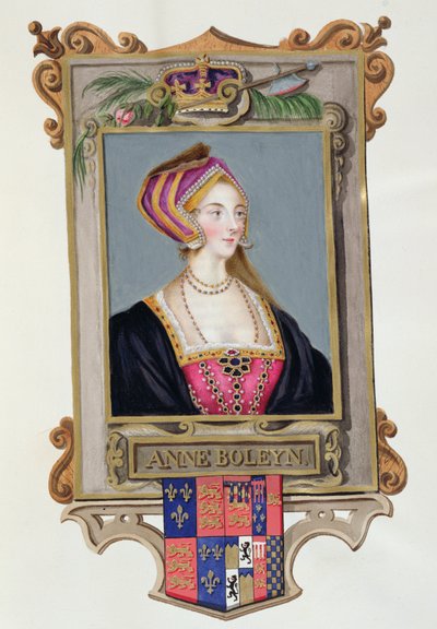Portret Anne Boleyn (1507-36), drugiej królowej Henryka VIII, jako młodej kobiety z "Pamiętników dworu królowej Elżbiety", wydanych w 1825 r. (wc i gwasz na papierze) autorstwa Sarah Countess of Essex