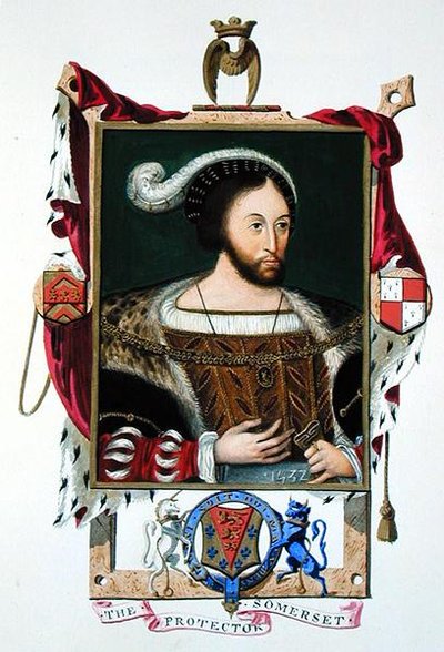 Portret Edwarda Seymoura (ok. 1506-52) Lord Protector Edwarda VI i księcia Somerset z „Pamiętników dworu królowej Elżbiety”, opublikowanych w 1825 r. (akwarela i gwasz na papierze) autorstwa Sarah Countess of Essex