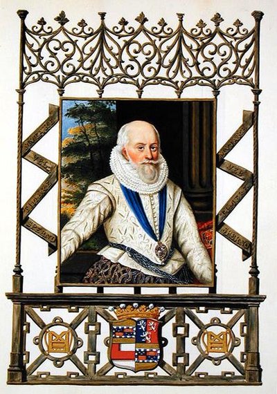 Portret Edwarda Somerseta (1553-1628) 4. hrabiego Worcester ze „Wspomnień dworu królowej Elżbiety”, opublikowanych w 1825 r. (akwarela i gwasz na papierze) autorstwa Sarah Countess of Essex