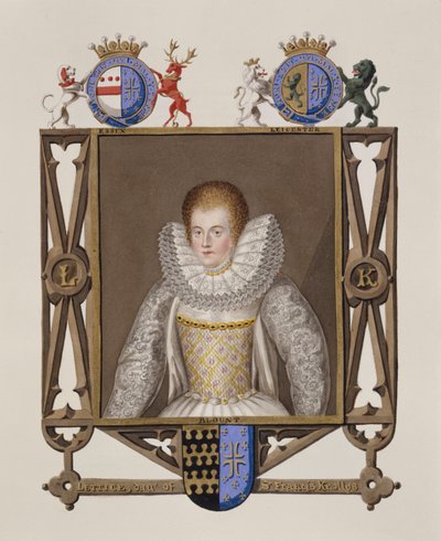 Portret Lettice Knollys (ok. 1541-1634) córka Sir Francisa Knollysa z Pamiętników dworu królowej Elżbiety, opublikowany w 1825 r. (wc i gwasz na papierze) autorstwa Sarah Countess of Essex