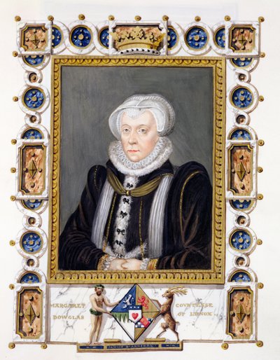 Portret Margaret Douglas (1515-78) hrabiny Lennox ze „Wspomnień dworu królowej Elżbiety”, wydanej w 1825 r. (wc i gwasz na papierze) autorstwa Sarah Countess of Essex