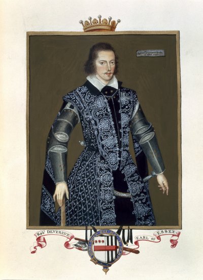 Portret Roberta Devereux (1566-1601) 2. hrabiego Essex z Wspomnienia dworu królowej Elżbiety na podstawie oleju Sir Williama Segara (fl.1913-d.1633) opublikowanego w 1825 r. (wc i gwasz na papierze) autorstwa Sarah Countess of Essex