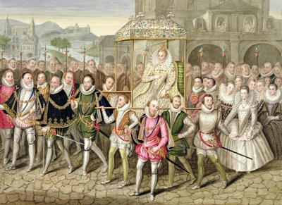 Królowa Elżbieta I w procesji z dworzanami (ok. 160003 r.) z "Memoirs of the Court of Queen Elizabeth" na podstawie obrazu Roberta Peake