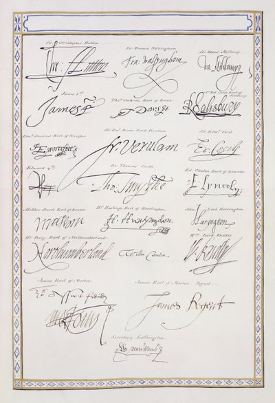 Reprodukcja podpisów Tudorów i ich dworu z "Memoirs of the Court of Queen Elizabeth", wydanej w 1825 roku (pióro i tusz na papierze) autorstwa Sarah Countess of Essex