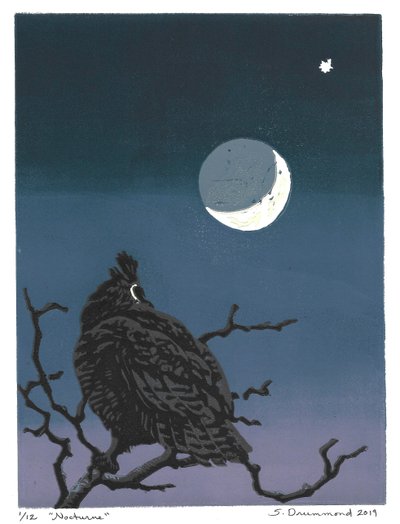 Nokturn, 2019 (linoryt) autorstwa Sarah Drummond