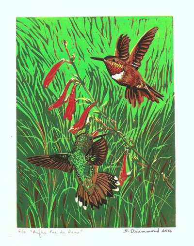 Rufus Pas de Deux, 2016 (linoryt) autorstwa Sarah Drummond