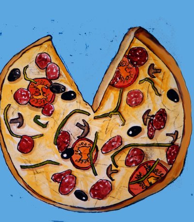 Pizza, 2017, (monodruk z tuszami) autorstwa Sarah Thompson Engels