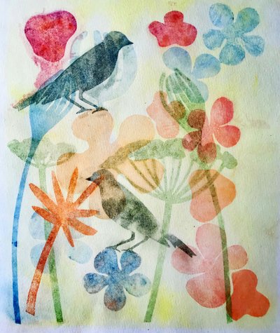 Dwa ptaki i kwiaty,2019 (monodruk tuszem) autorstwa Sarah Thompson Engels