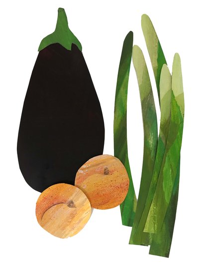 szparagi, morele, bakłażan,2019 (kolaż) autorstwa Sarah Thompson Engels