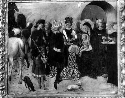 Pokłon Trzech Króli (tempera na panelu) (zdjęcie czarno-białe) autorstwa Sassetta (c.1392 1450)
