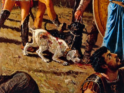 Psy na polu bitwy, fragment Triumfu Mariusza, obraz Francesco Saverio Altamura (1822-1897), olej na płótnie, 234x352 cm, Włochy autorstwa Saverio Altamura