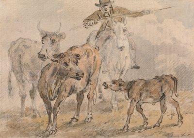 Homem a cavalo pastoreando duas vacas e um polidor de bezerros autorstwa Sawrey Gilpin