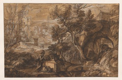 Krajobraz z pasterzem przy zabytkowym sarkofagu autorstwa Sébastien Bourdon (attributed to)