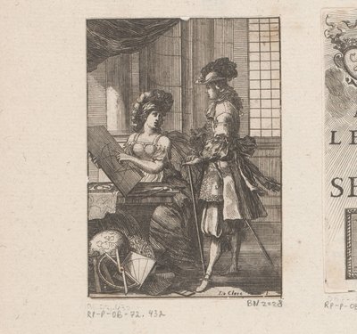 Geometria i młody człowiek z geometrycznym rysunkiem Strona tytułowa dla: Pratique de la géometrie, sur le papier et sur le terenu (...), 1669 autorstwa Sébastien Leclerc (I)