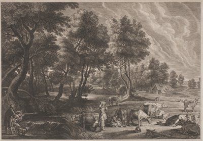 Krajobraz farmy z myśliwymi i dojarkami autorstwa Schelte Adams Bolswert, after Sir Peter Paul Rubens