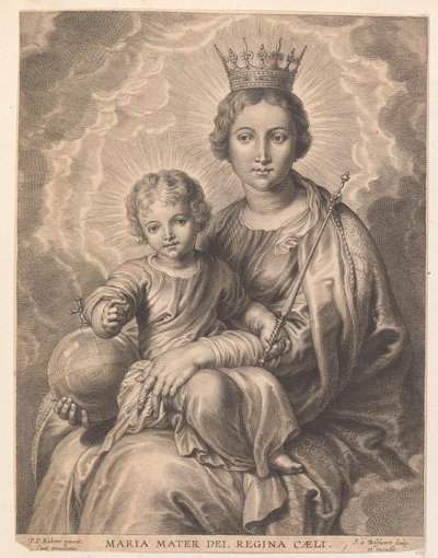 Maryja z dzieckiem i kulą ziemską Maria mater dei, regina caeli (tytuł na obiekcie) autorstwa Schelte Adamsz. Bolswert