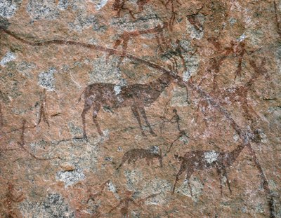 SZTUKA AFRYKAŃSKA: Malarstwo naskalne w Ngomo Carera w paśmie Domboshawa, 20 mil na północ... (fresk) autorstwa School African
